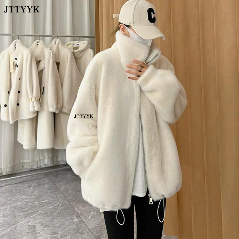 Abrigo corto y esponjoso de piel sintética para mujer, chaqueta gruesa de pelo cálido con cuello de pie, Parka de felpa, moda coreana, Invierno