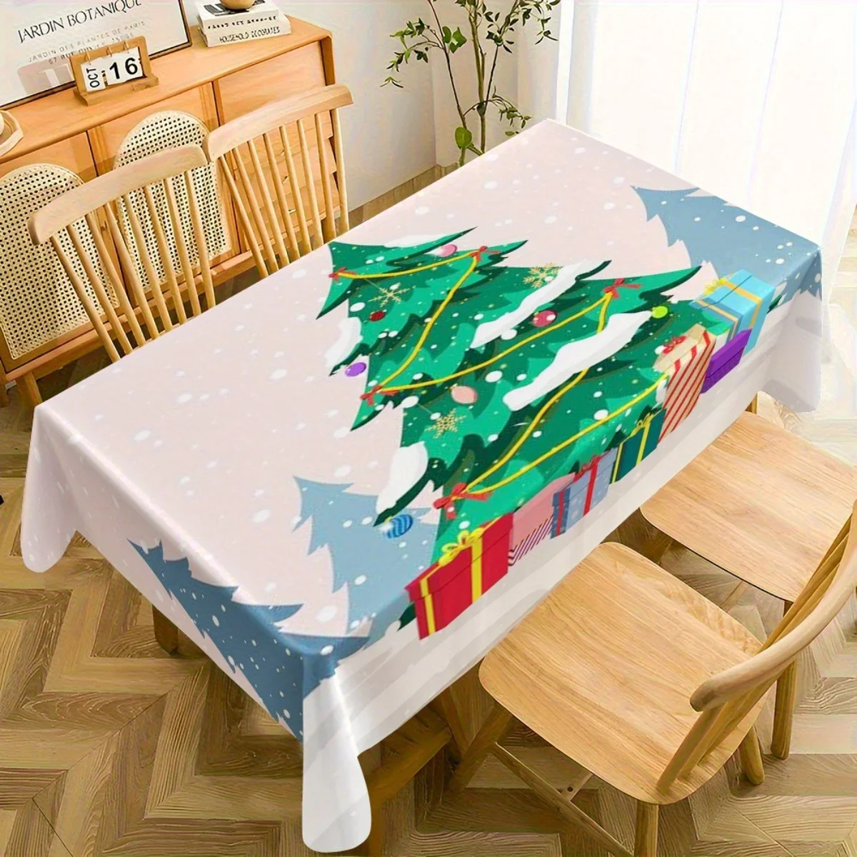 Winter Snowflake Design with Gift Box Pattern Festive Christmas Tree Tablecloth,Cozy Holiday Dining Decor, Rectangular Polyeste