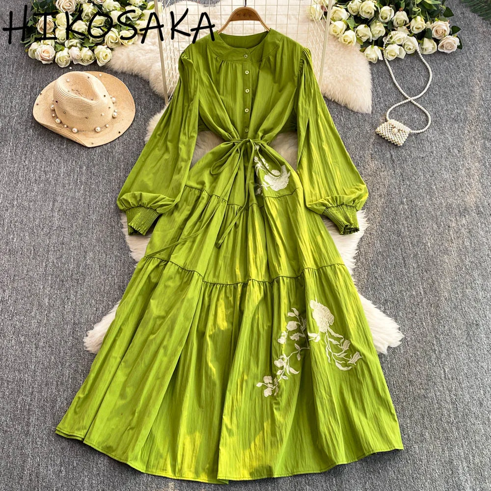 

French Style Vintage Elegant Long Sleeve Dress O-neck Single Breasted Bandage Slim Waist Robe Rose Floral Embroidery Vestidos