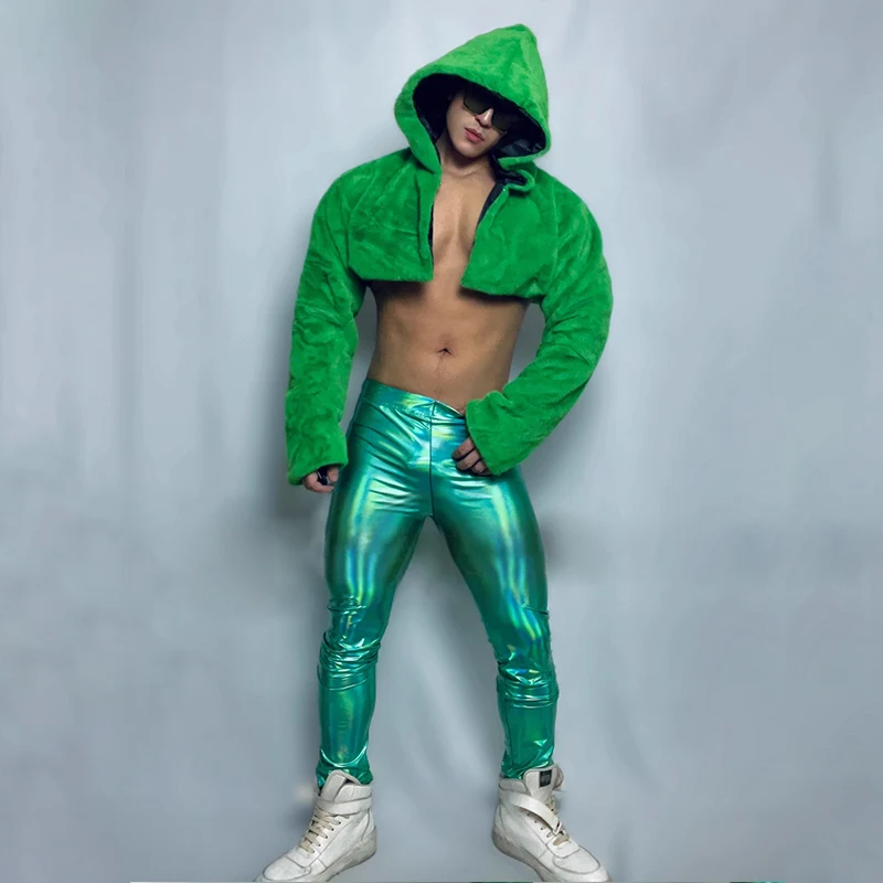 Men Hip Hop Jazz Dance Clothes Nightclub Bar Dj Ds Costumes Gogo Dancer Outfits Singer Stage Costume Green Fluffy Hoodie VDB6147