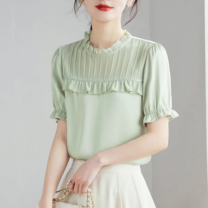 Elegant Solid Color Spliced Folds Ruffles Blouse Women\'s Clothing 2023 Summer New Casual Pullovers Puff Sleeve Office Lady Shirt