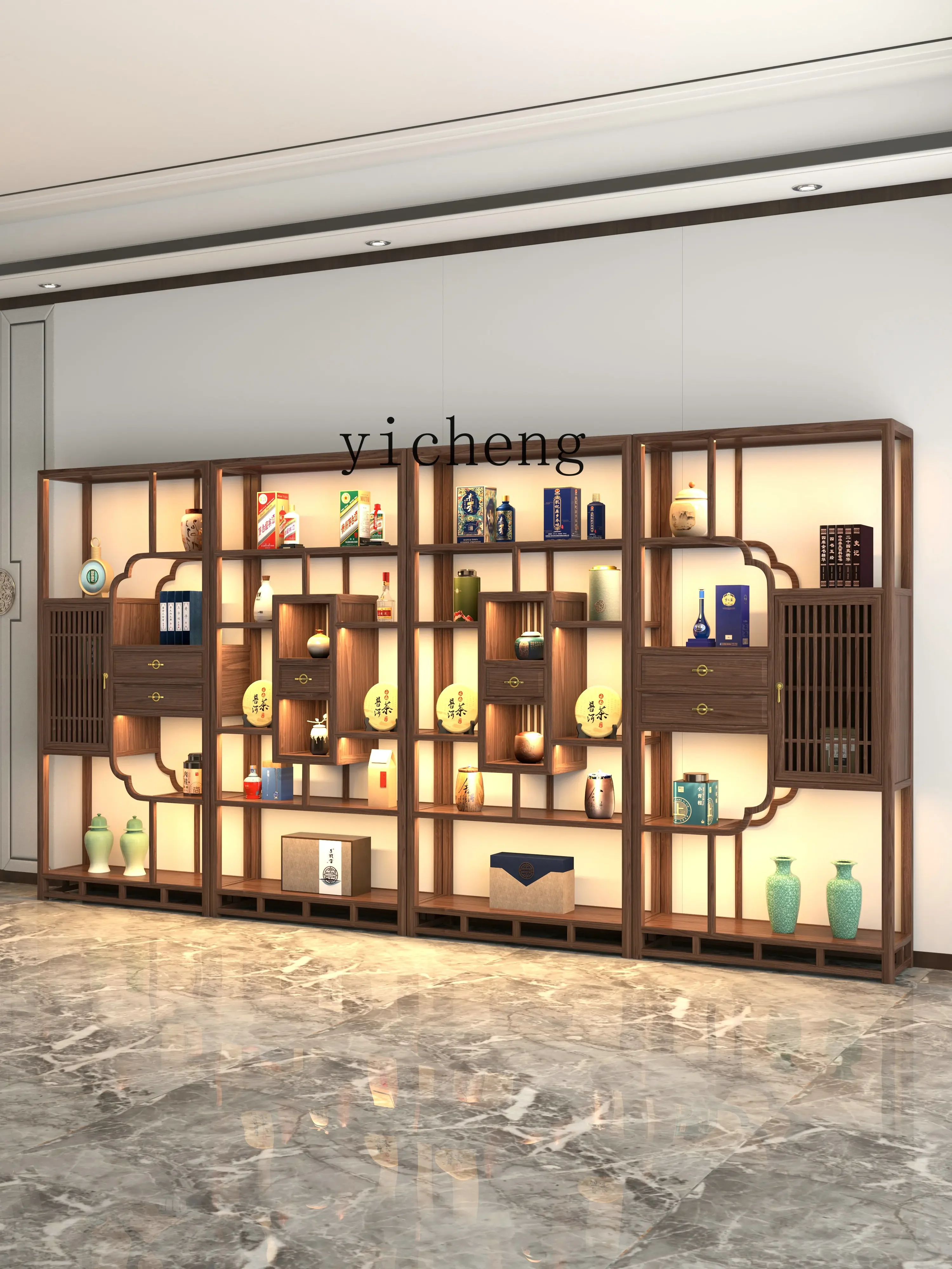 HYS New Chinese Solid Wood Bookcase Bogu Rack Wine Cabinet Shelf Ash Wood Tea Room Display Cabinet