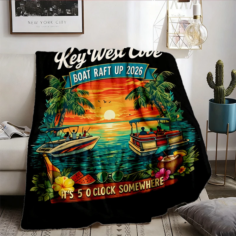 Key West Cove Boat Raft Up 2026 Flannel Blanket - Sunset Boating Flannel Throw, It's 5 O'Clock Somewhere