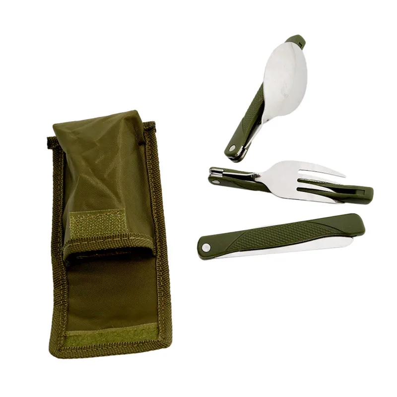 New Stainless Steel Portable Folding Cutlery Set Fork Knife With Army Green Pouch Survival Camping Bag Outdoor Cutlery Container