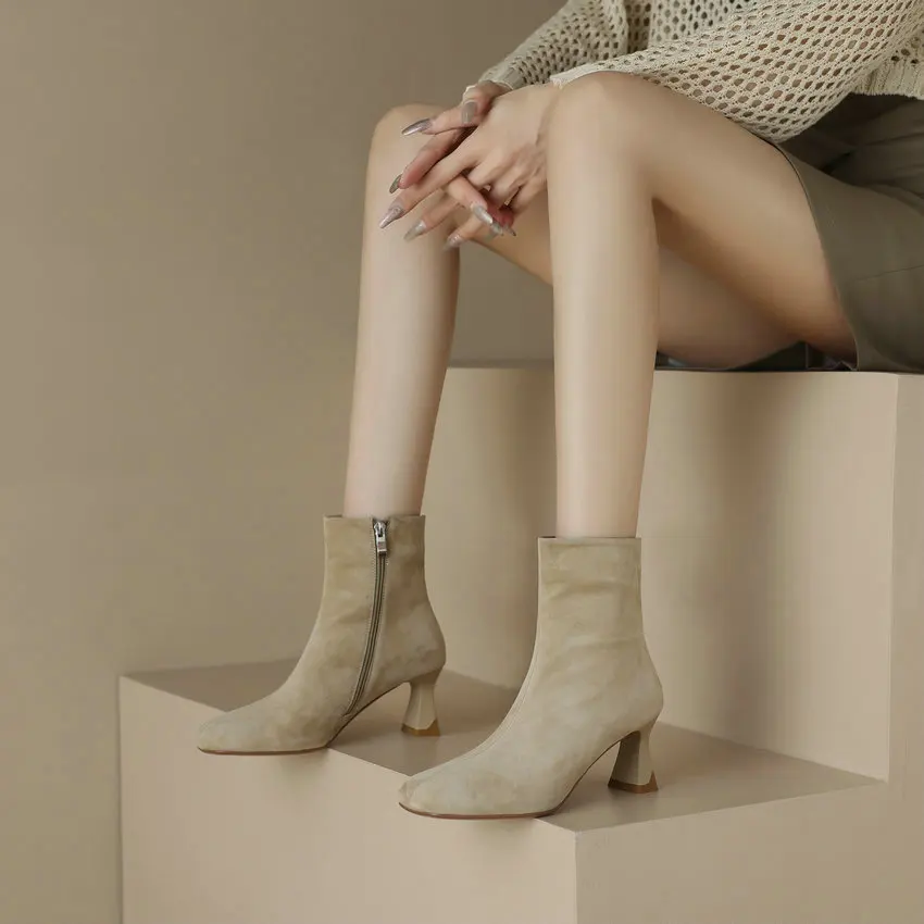 Qutaa mulheres camurça de couro ankle boots sapatos grossos de salto alto com zíper para escritório tamanho 34-39 outono e inverno 2022