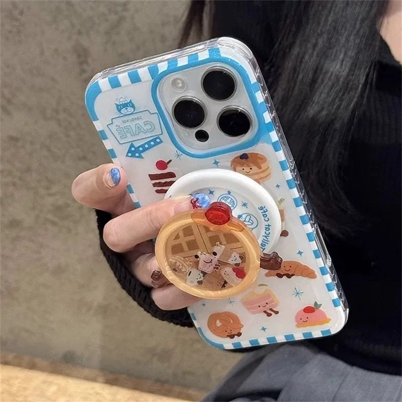 Cute Cartoon Cherry Cake Bread Magsafe Wireless Charge Case For iPhone 13 14 15 16 Pro Max Funny Waffle Shake Magnetic Holderr