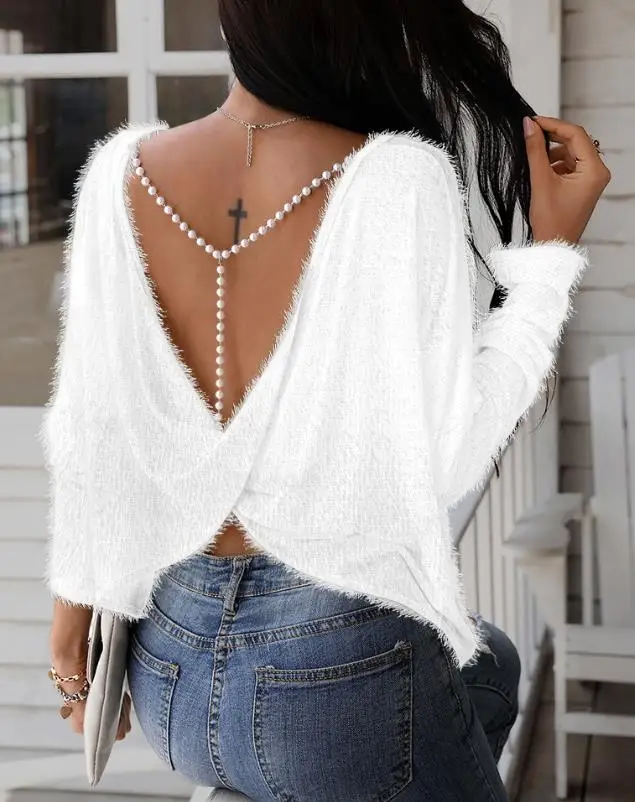 Fashion Woman Blouse 2023 Spring Beaded Strap Twisted Backless Casual Round Neck Plain Long Sleeve Daily Basic Fuzzy Tee Top