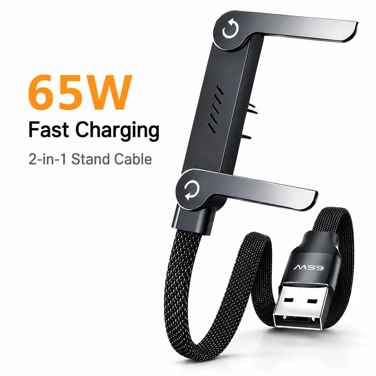 65W USB A to USB C Cable 2 in 1 Fast Charging Data Cable Foldable Phone Stand Holder Nylon Cord for Samsung Xiaomi Huawei Type C