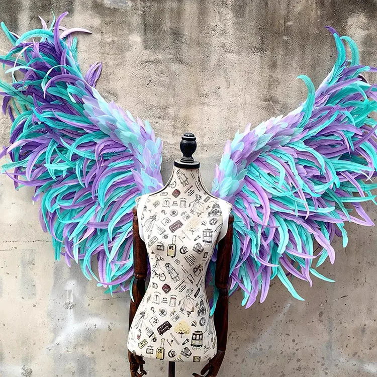 

Wholesale Real Feather Products Decorative Blue Angel Wings Adult Cock Tail Feather Angel Wings For Sale