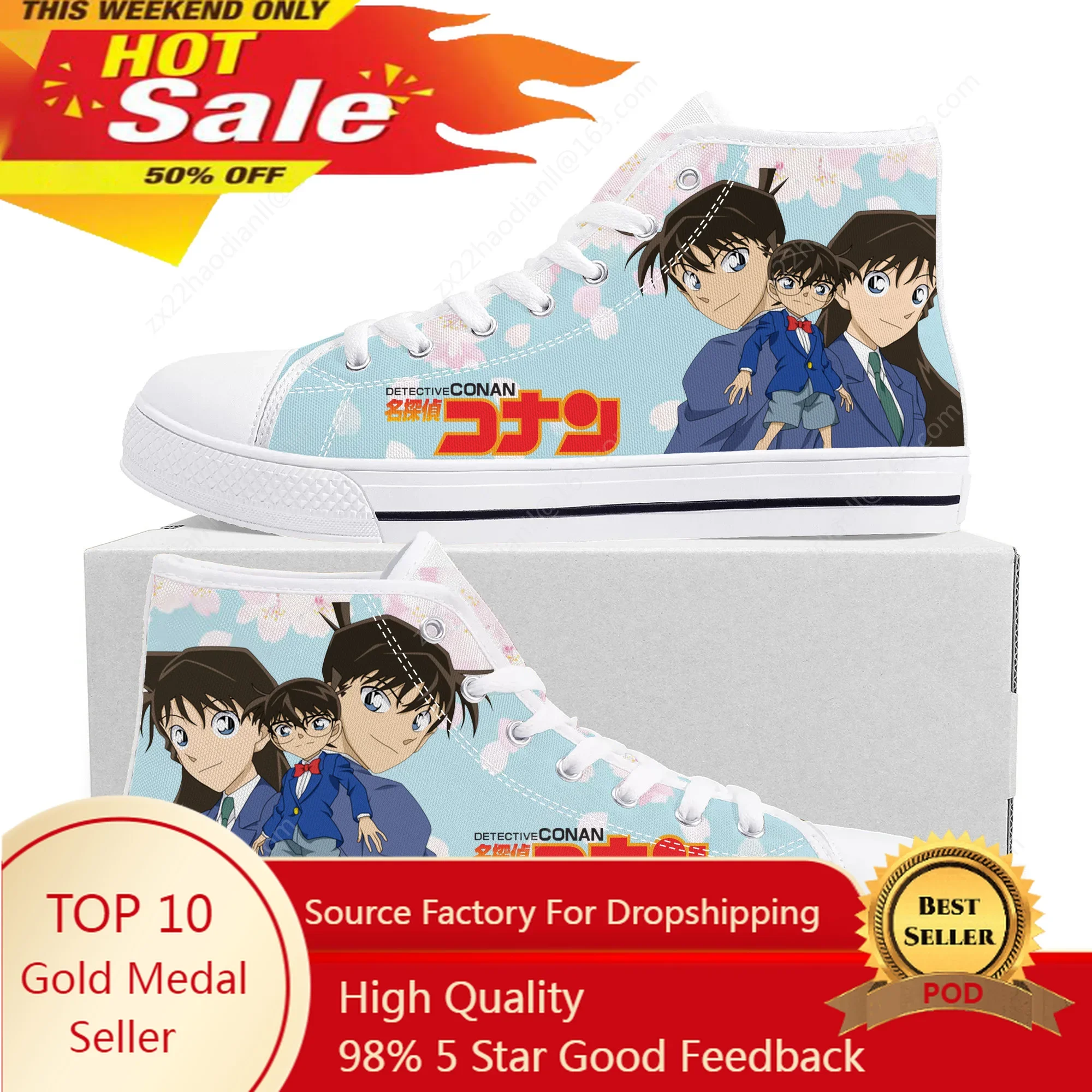 

Hot Anime Detective Conan High Top Sneakers High Quality Men Women Teenager Canvas Sneaker Casual Couple Shoes Custom White Shoe