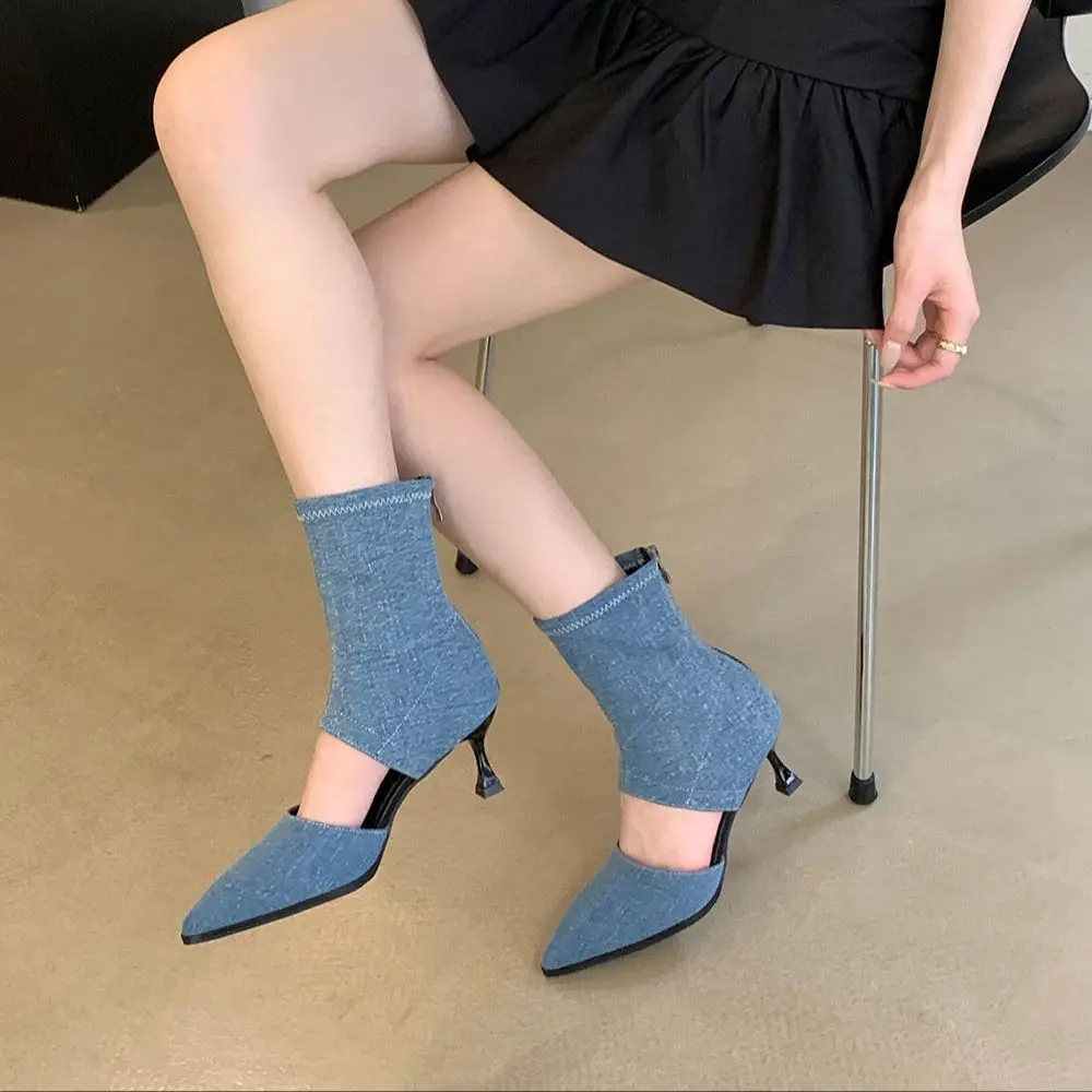 Pointed Toe Women Ankle Boots Chelsea Botas  2023 New Arrivals Fashion Black White Blue Back Zipper Party Pumps Shoes Woman