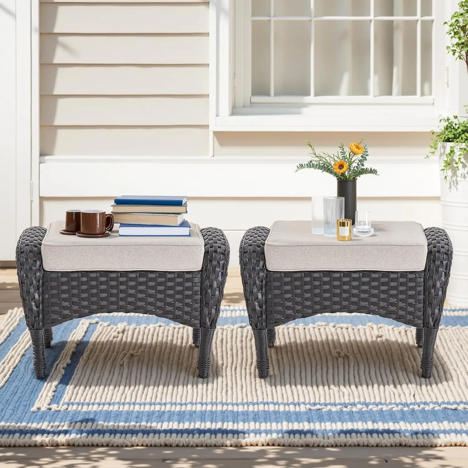 Outdoor Ottomans For Patio Foot Rest - 25 Inch Pe Wicker Foot Stool Set Of 2 With Removable Cushions For Patio Furniture