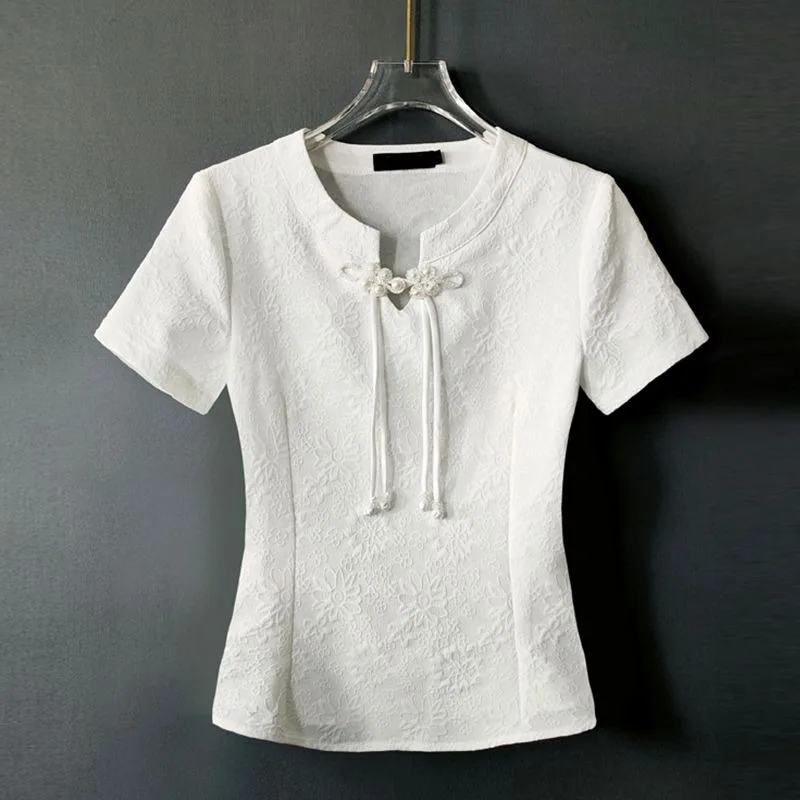 

Women New Summer Outfit Petite Elegant Fashionable and Trendy T-Shirts New Chinese-style Mandarin Collar Short-sleeve T-shirt
