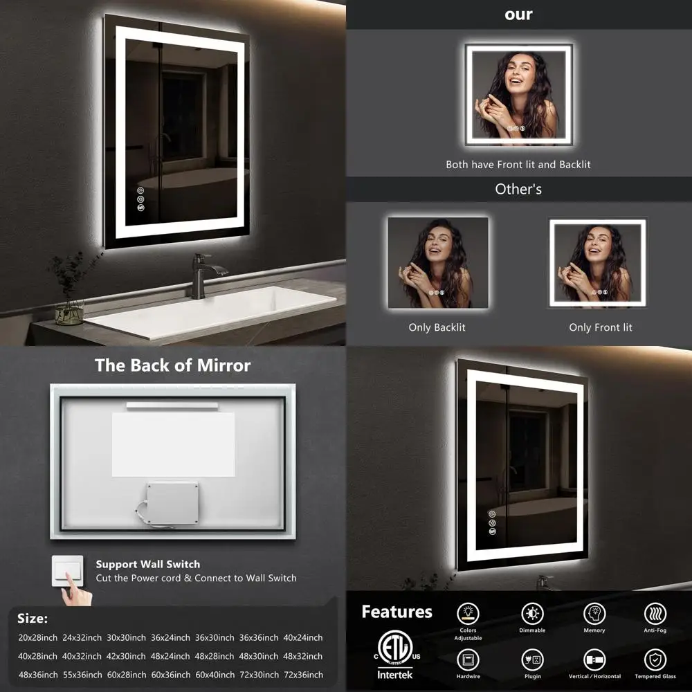 

LED Bathroom Mirror 28x20 Inches, Anti-Fog, 3 Color Dimmable Light, Horizontal/Vertical Mounting Options, Front and Backlit