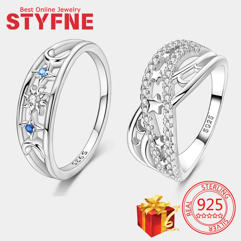 

Real 925 Sterling Silver Moon And Stars Ring For Women Wedding Jewelry Gifts With GIFT BOX