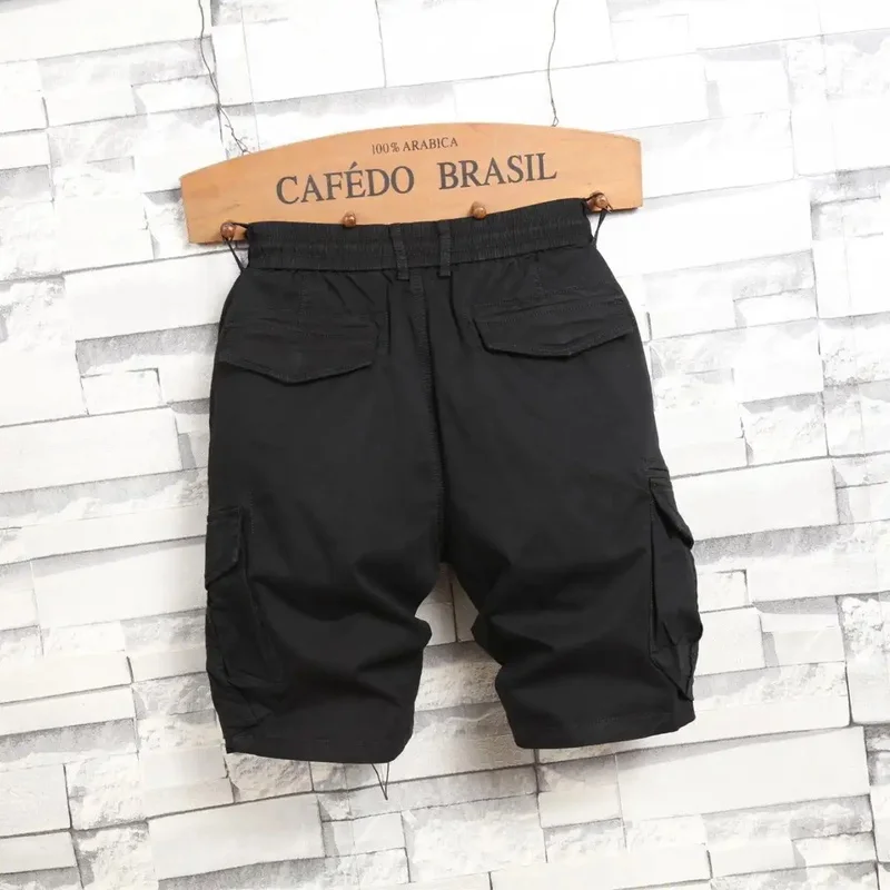 2026 Men Black Long Cargo Shorts Elastic Drawstring Waist Multi Pocket Quick Dry Breathable Lightweight Summer Outdoor Casual Fa