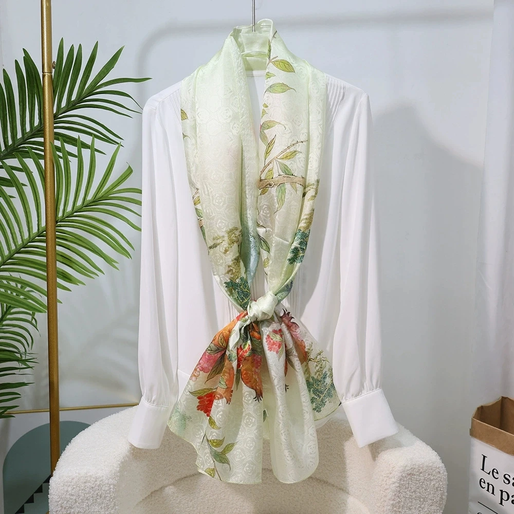 

High End 100% Mulberry Silk Scarf Shawl Hijab Wrap Women Jacquard Pattern Flower Gift Scarves For Mom 170*53cm