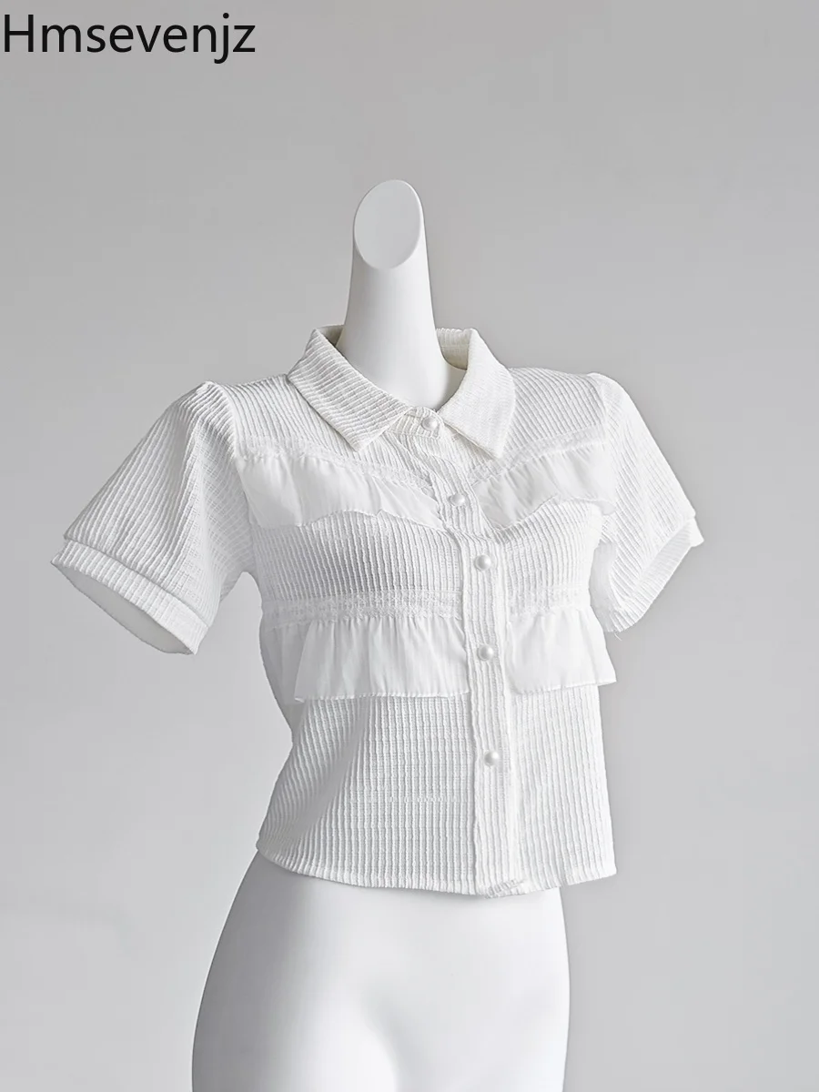 

Hmsevenjz White Pleated Short-sleeved Shirt for Women's Summer Turn-down Collar Slim Fit Shirt Top Fashion Female Clothes