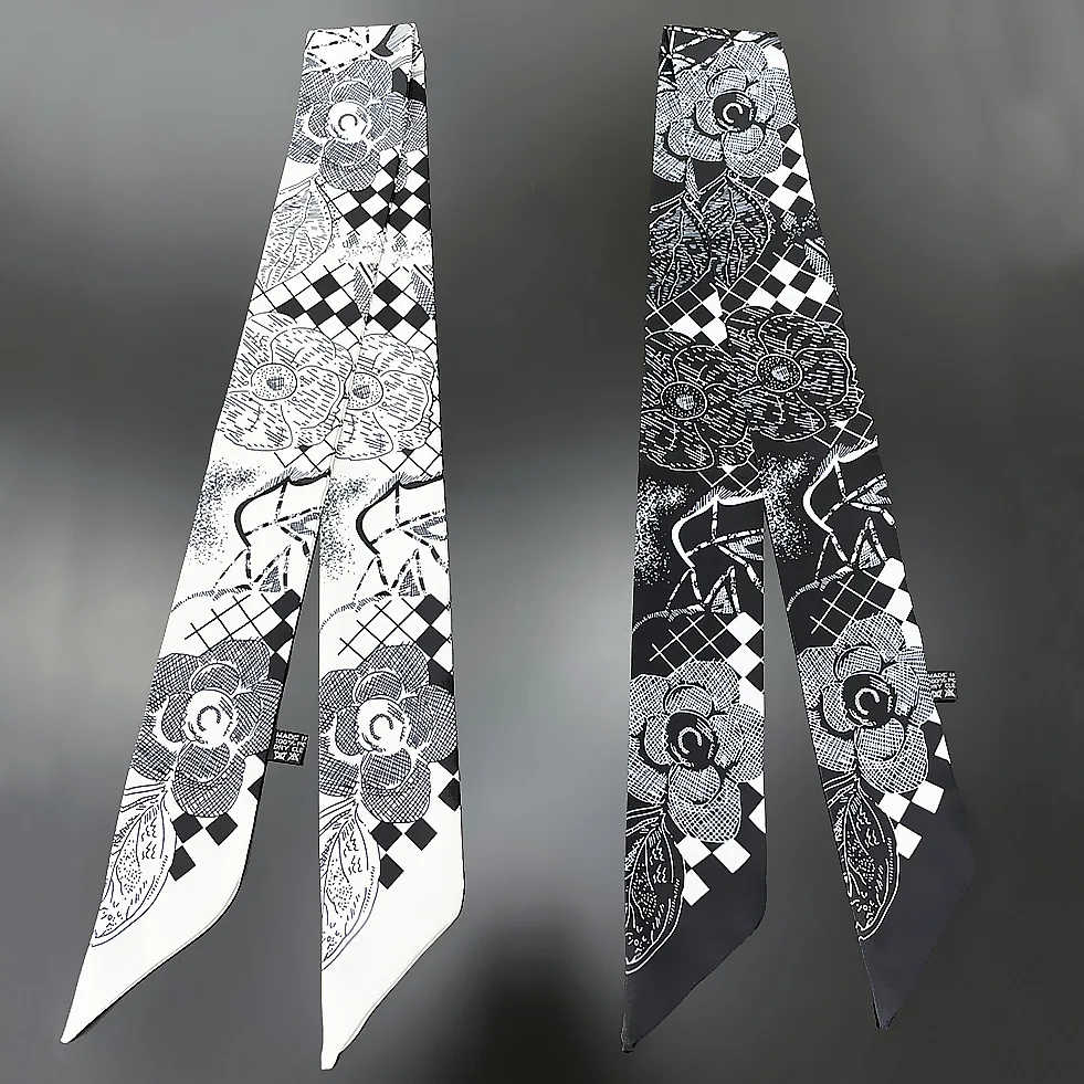 90x5cm Neuer einfacher schwarzer und weißer Damen-Twill-Seidenschal mit gebundenem Taschengriffband, Stirnband, kleiner Schal im Großhandel