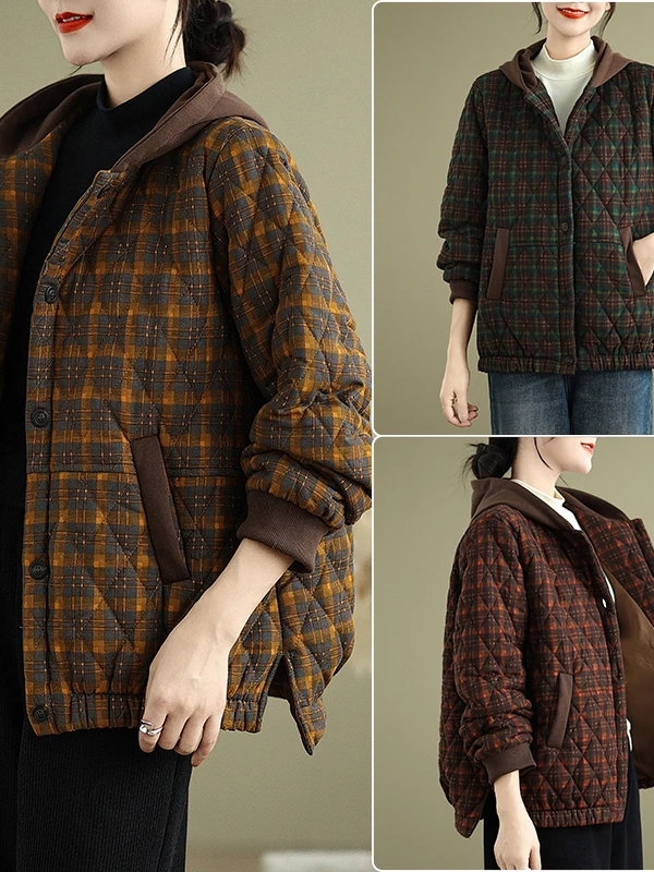 Retro-Kapuze Faion Loose Cotton Jaet Damen 2025, Herbst-Winter, High-End-koreanische Sle, große Größe, bedrucktes Rautenmuster...