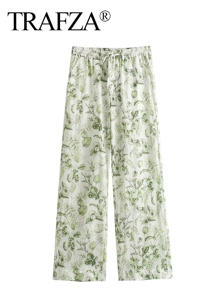 

TRAFZA Elegant Woman Loose Casual Slim Trousers Women Chic High Waist Drawstring Plant Flowers Print Decorate Wide Leg Pants