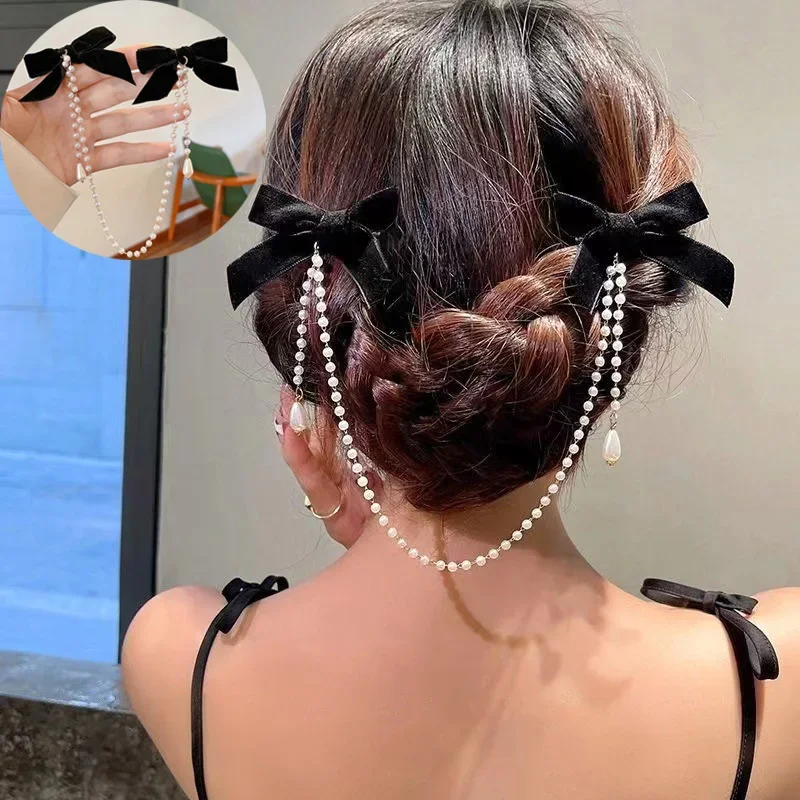 New Korean Sweet Girl Tassel Vintage Bow Pearl Chain Hairpins Elegant Hair Decorate Hair Clip for Women Fashion Hair Accessories