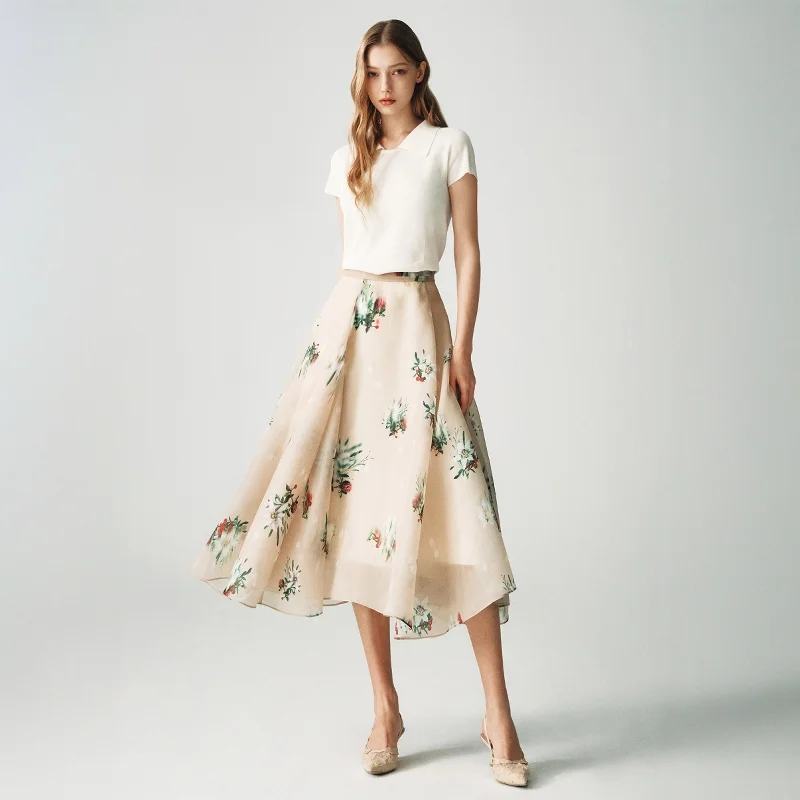 

Summery Ele Refreing Plant Print Loose A-line Skirt Umbrella Skirt PolyesterHigh Waist Long Skirt Pure Color H-ape