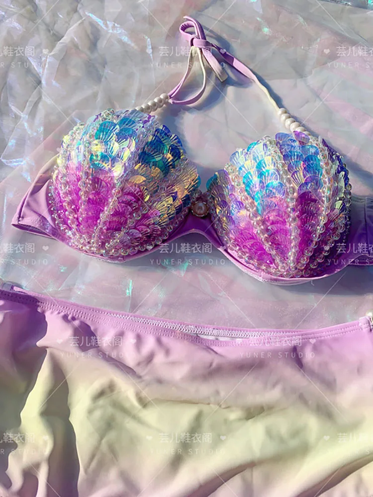 New Thailand Shell Sequin Bikini Corset Mermaid Show Spa Vacation Split Swimsuit Gathered Sexy Corset Set