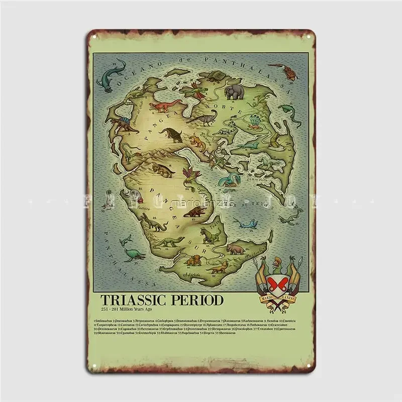 Triassic Period Map Vintage Syle Medieval Bestiary Pangea Map Poster Metal Plaque Bar Cave Mural Painting Tin Sign Poster