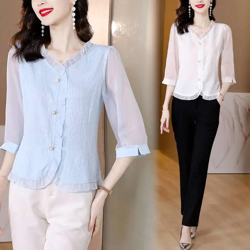 

High-End V-Ne Beautiful ort-Sved Chiffon irt for Women Ele Commute Sle Polyester Fiber Spring Season