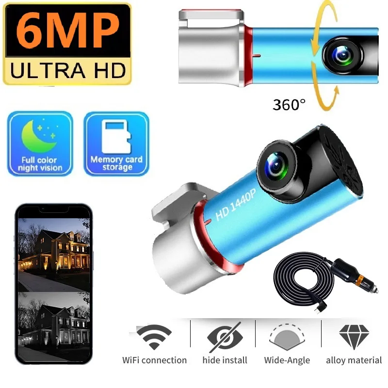 WIFI 6MP Dash Cam Coche Auto Cámara Visión Nocturna Aplicación Control Grabadora 360 °   Cámara de vigilancia giratoria remota Live ViewCar Vide