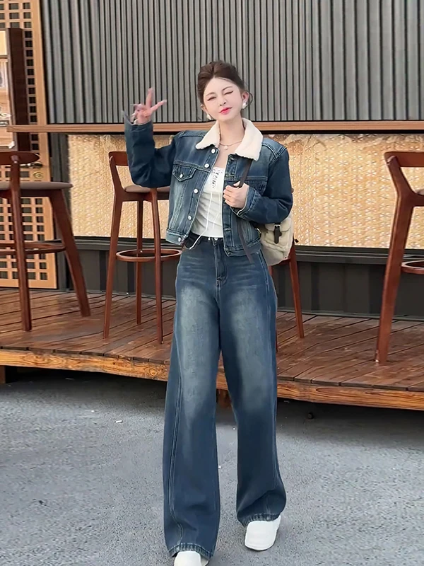 

Autumn Winter ort Collar Denim Fce Jaet Women's Wide Leg Pants High Waist Straight Cut Casual Faion Set