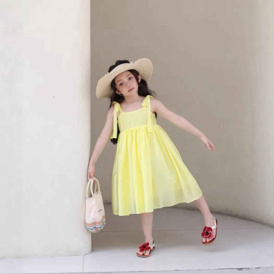 

Girls 2026 Summer Yellow Suspender Dress Vacation Wind Beach Dress