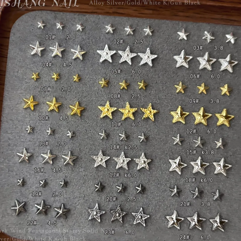 1Bag 50-100PCS 3D Metal Star Nail Charms Glitter Punk Various Colors/Shapes Alloy Pentagram Rivet Studs DIY Manicure Accessories
