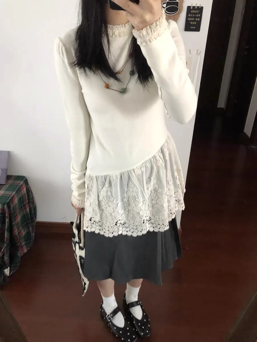 

Уникальное многослойное кружевное вязаное базовое платье-миди для женщин, с оборками, высокой талией, свободного кроя, с длинными рукавами, для ношения как нижнее или верхнее белье