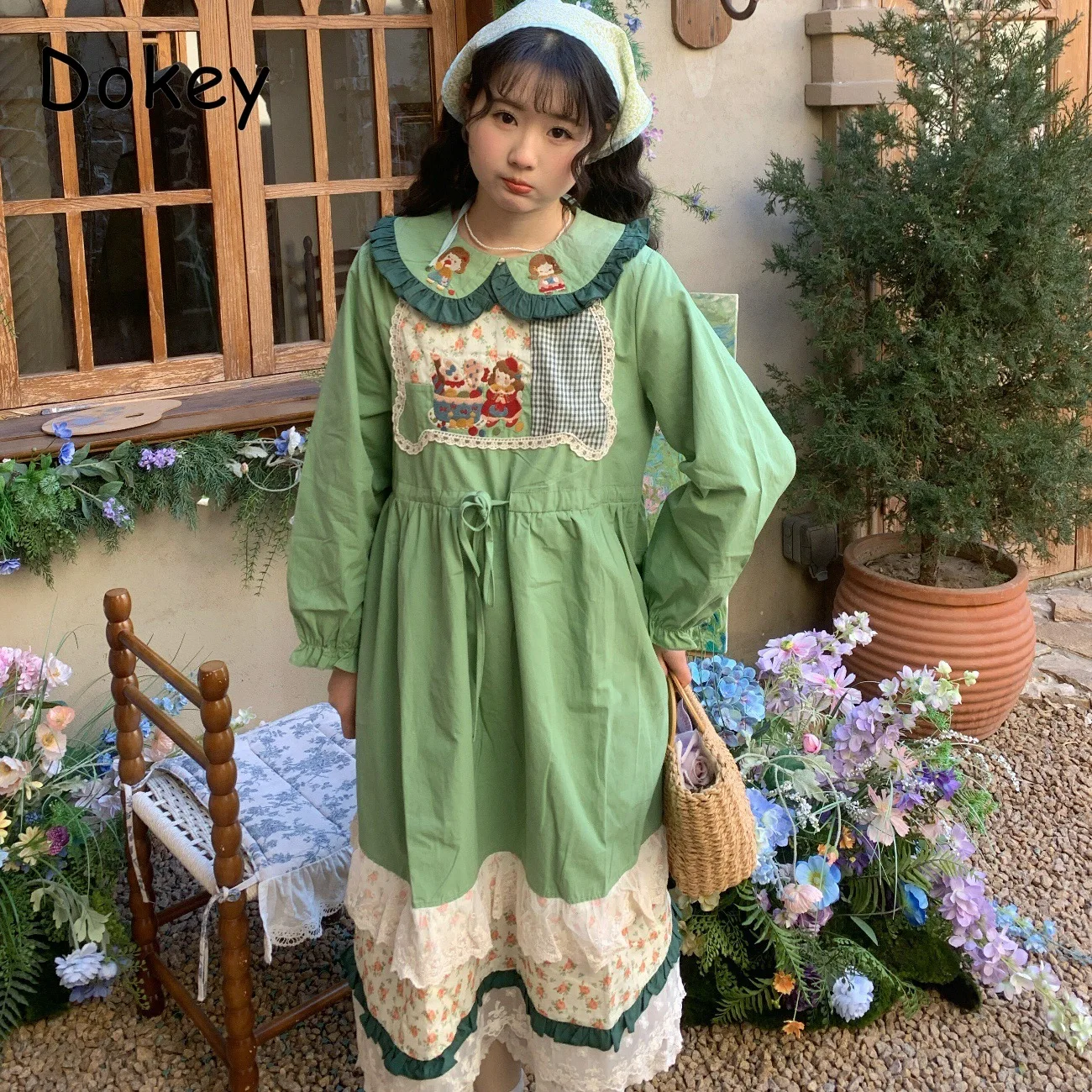 Spring Vintage Embroidery Patchwork Green Dress Women Japan Mori Girl Peter Pan Collar Long Sleeve Dress French A-line Vestidos