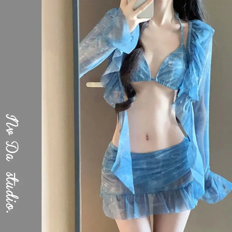 

Summer Long Sleeve Bikinis Sets Women Beachwear Holiday Fashion 4 Pieces Swimsuit Solid Mesh Sexy Ruffles Halter New Swimwears