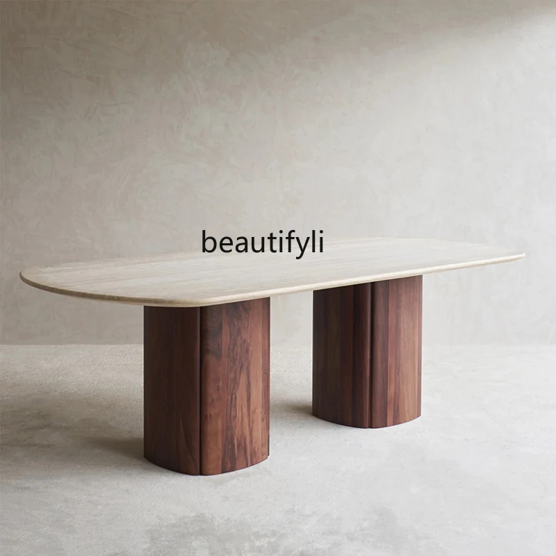 

Natural travertine dining table restaurant dining oval luxury stone table light luxury French dining table
