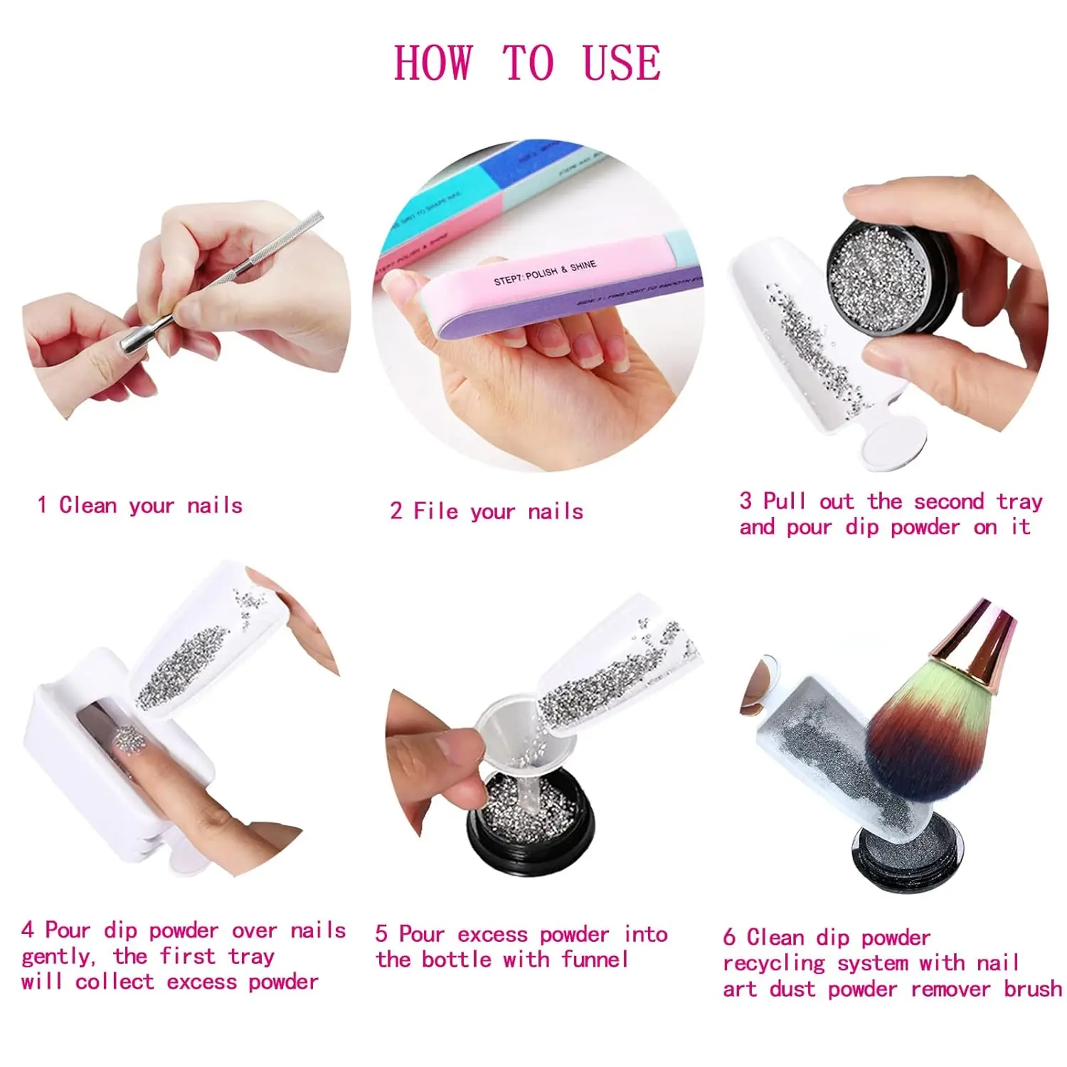 nail art Glitter Powder Recycling Box Dip Powder Storage with soft dust brush 7 Sided Nail File  Cuticle Pusher namicure tools