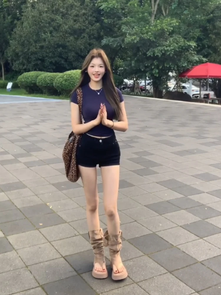 Retro Amerykańskie Jeansowe Szorty Damskie z Wysokim Stanem Wyszczuplające Uniwersalne Spodnie w Kształcie Litery A z Prostymi Szerokimi Nogawkami Hot Girls Shorts