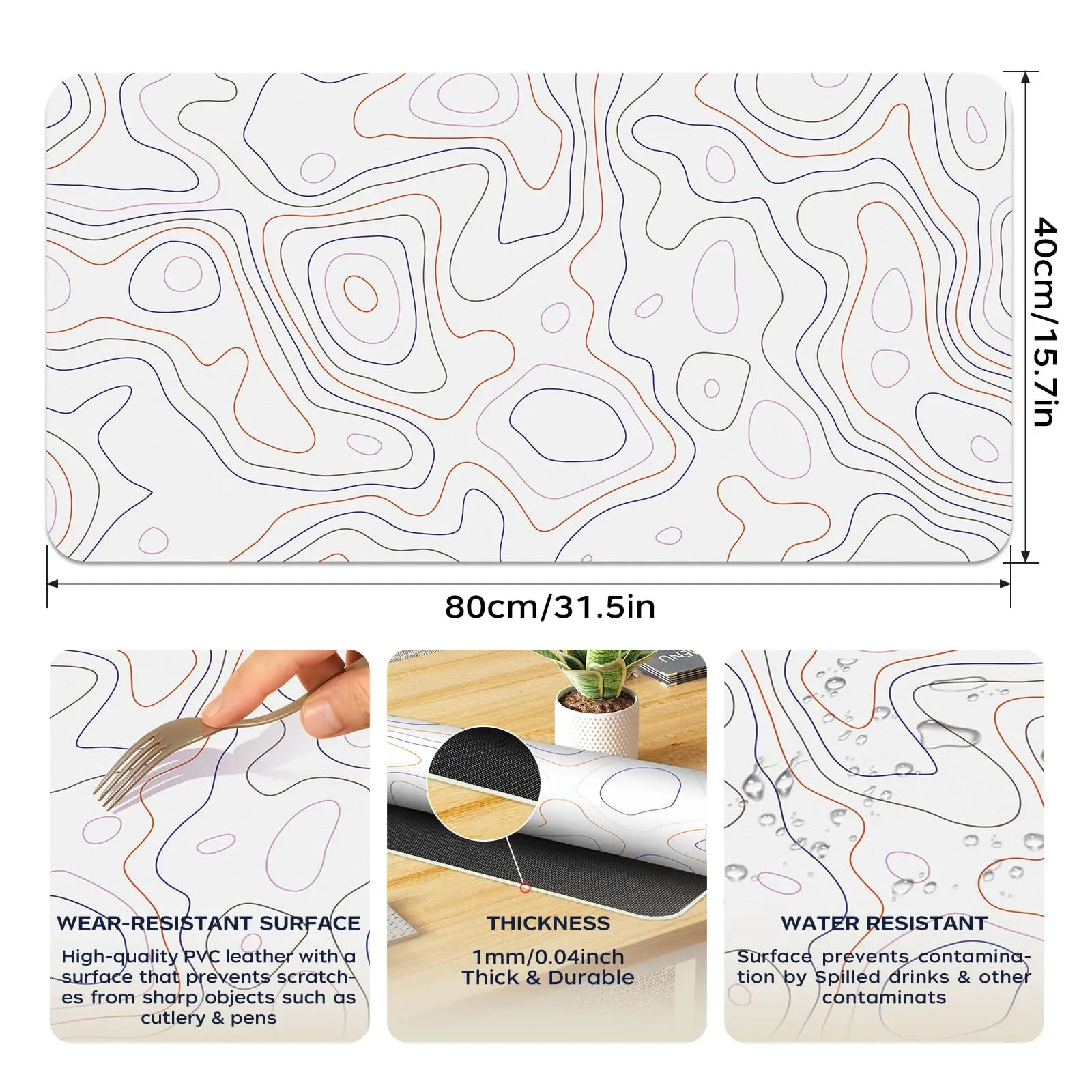 White Topographic Desk Pad Protector Mouse Pad,XXL Gaming Mat, Multipurpose Mat,Suitable for Work/Home/Decor Topographic