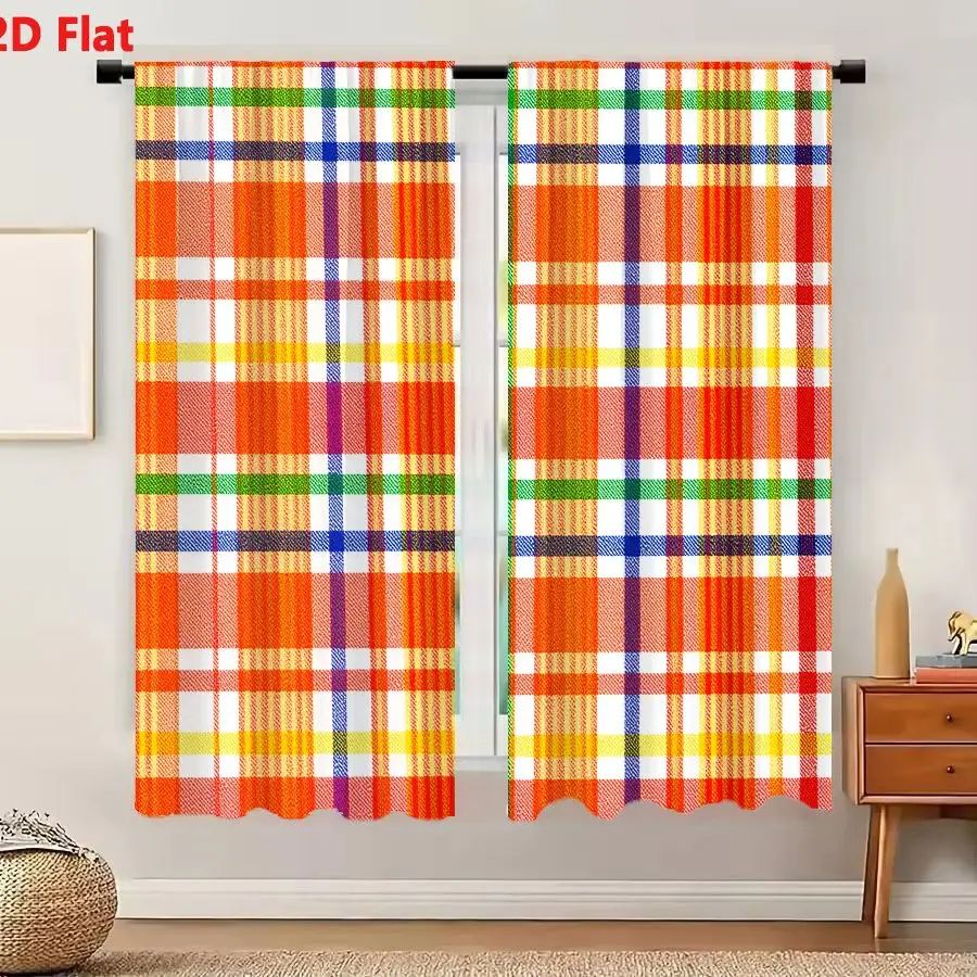 2Pcs Curtains 2D Flat Vibrant Bright Orange Plaid Pattern With White Yellow Green Blue And Purple Stripes Window Drapes for Bedr