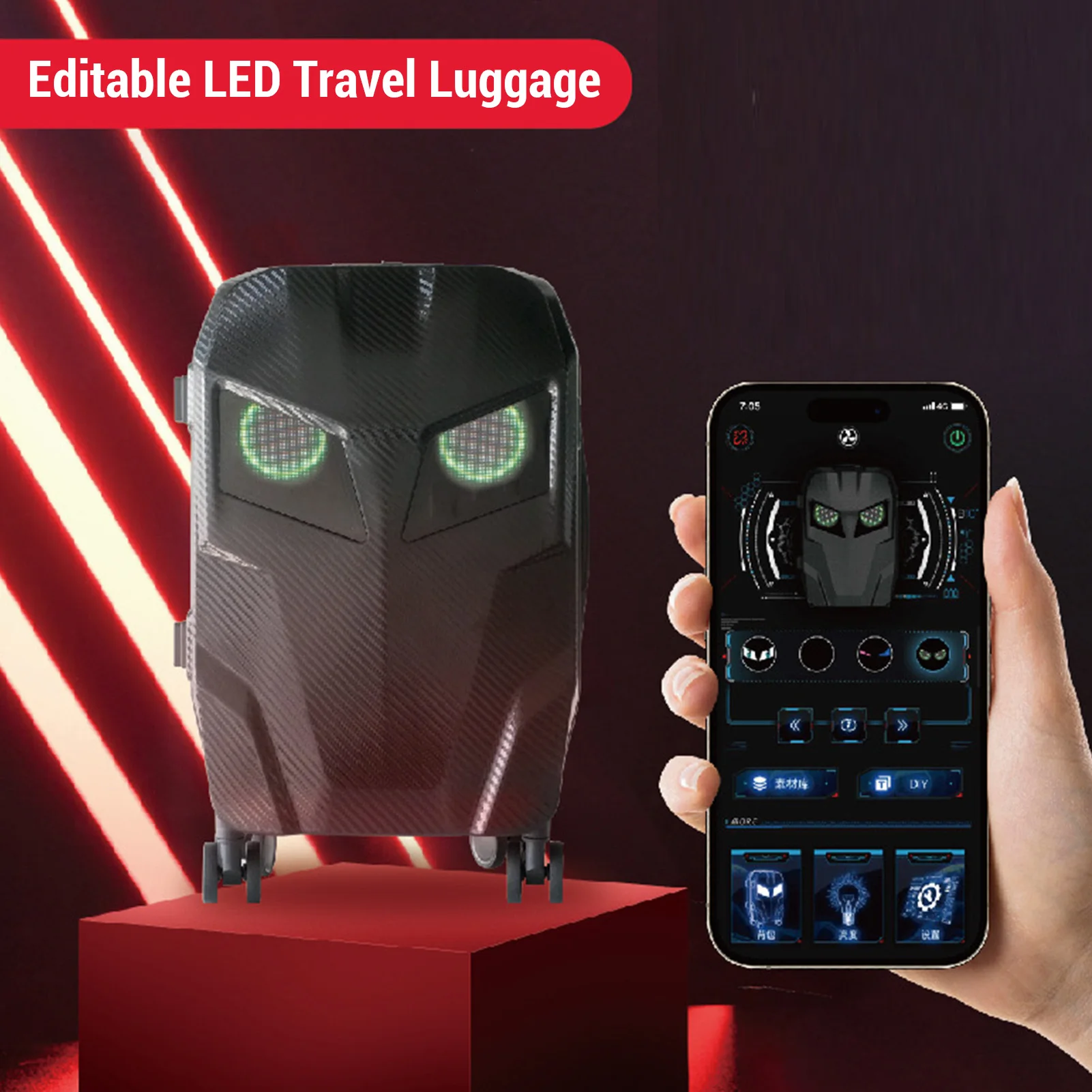 LED Travel Suitcase 20 Inch 48 X 48 Pixels Programmable App Control Colorful Multifunctional Hardshell Suitcase