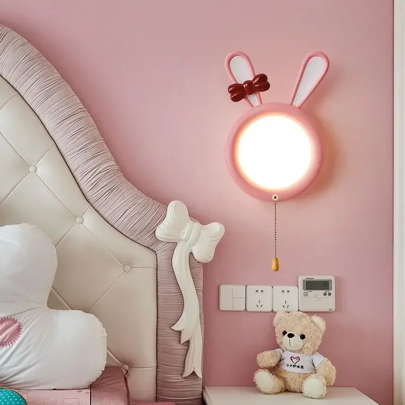 Cute Rabbit Bedroom Children's Girl Room Charging Wireless Wall Light Cream Princess Wind Bed Headlamp