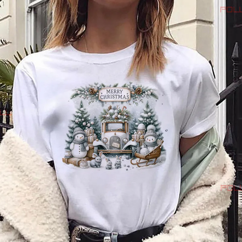 2024 Cute Merry Christmas Rabbit Snowman Women Clothing Y2k T-shirts White Casual Graphic T Shirts