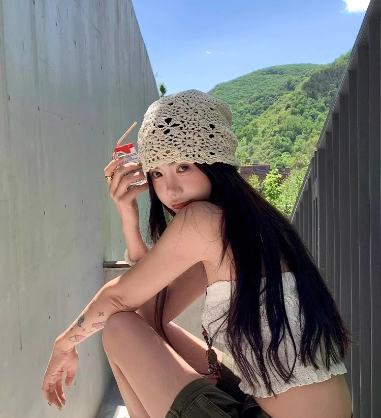 New Girls Casual Beanie Bucket Hat Women's Fashion Foldable Travel Ocean Basin Hat Hollow Sun Cap Color Matching Woven TTC0520