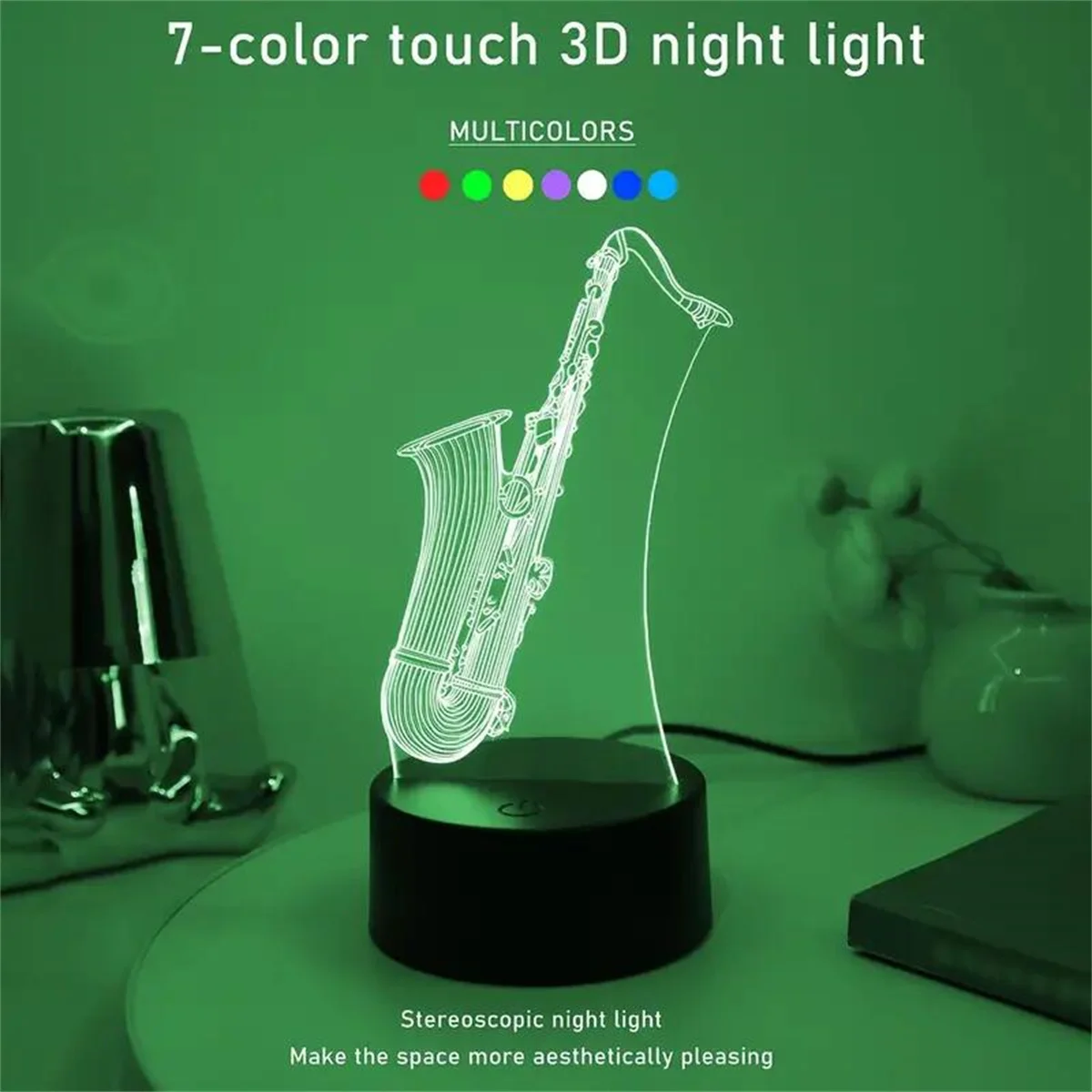 1pc Musical Instruments 3D Night Light, 3D Optical Illusion Lamp With Touch, 7-Color Changing Ambient Light For Bedroom