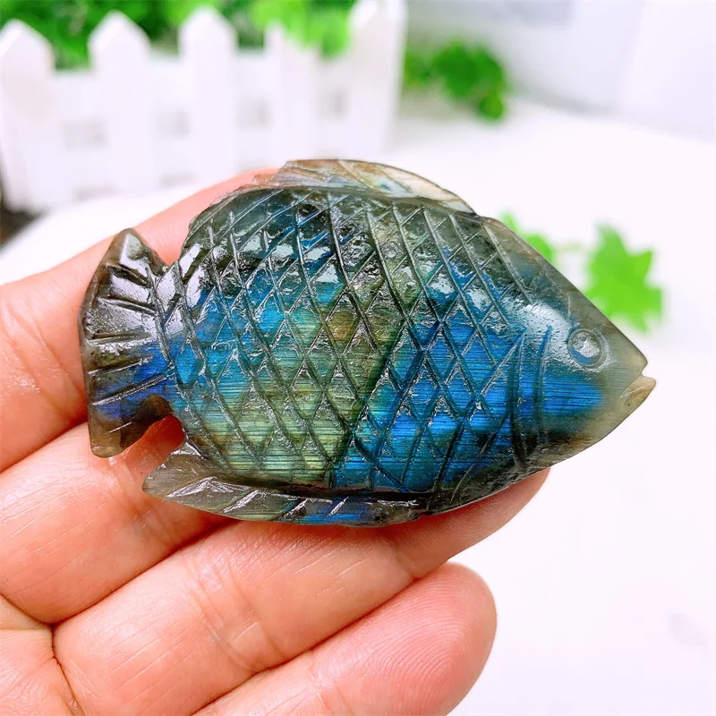 Natural Labradorite Fish Carving Tail Carving, Hand Polished, Reiki Healing, Crystal Gift, Room, Office, Home Decoration, 1Pc