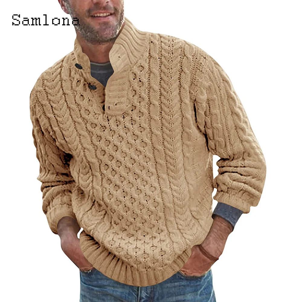 

Samlona Men Knitting Sweater Mens Knitwear 2024 European Fashion Ruched Stripes Top Pullovers Solid Khaki White Sweater Hommes