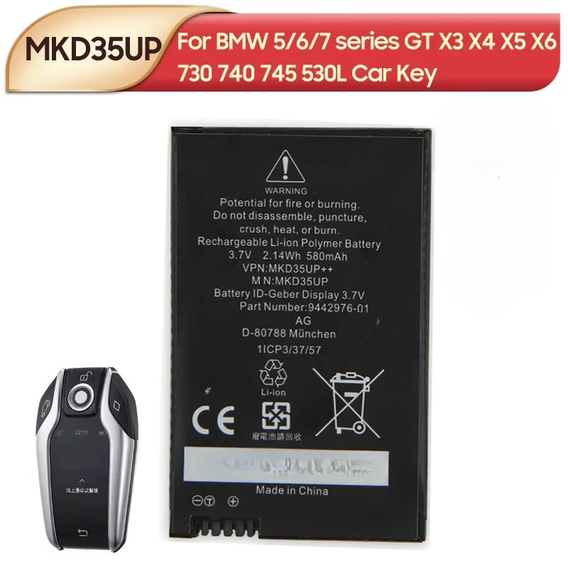 For BMW 5/6/7 Series GT X3 X4 X5 X6 730 740 745 530L Display Remote Control Car Key 580mAh Car Key Battery MKD35UP